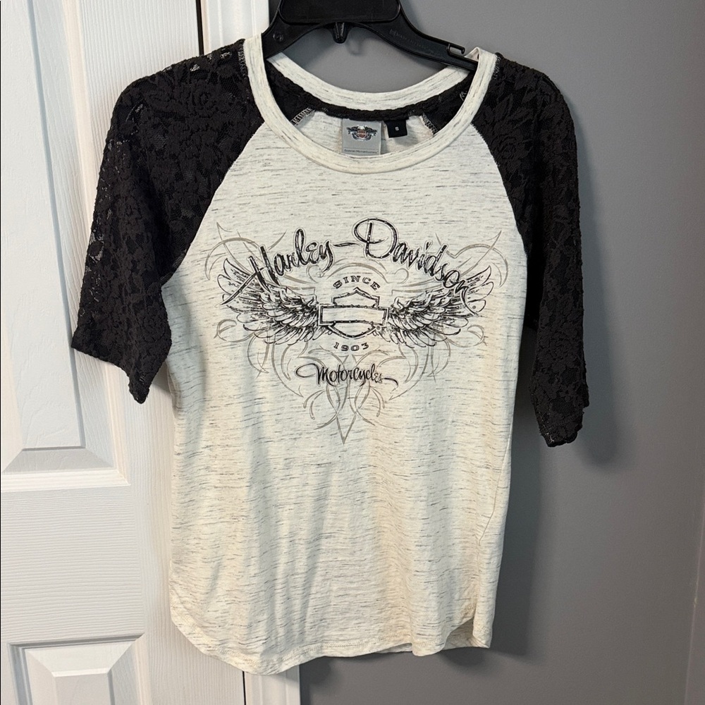 Harley-Davidson White Tee with Black Lace Raglan Sleeves